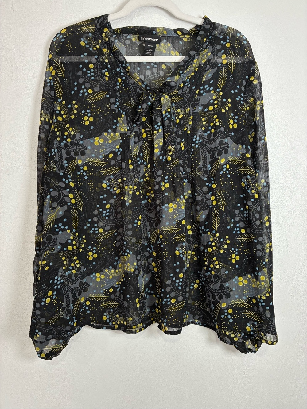Lane Bryant Sheer Flowy Black Blouse with Yellow and Blue Botanical Dots
